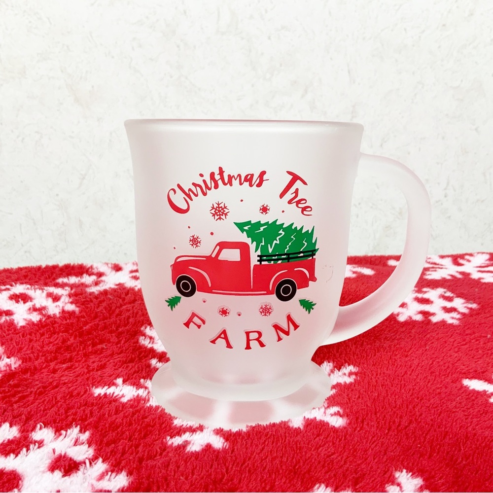 Christmas Tree Farm Frosted Coffee Mug Red Truck Holiday Snowflakes